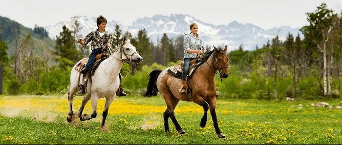Confident plus-size woman riding Amersham a horse through a field with a smile on her face.